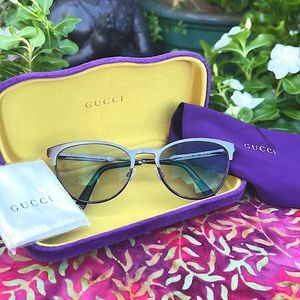 New GUCCI Matte Steel Gunmetal Oval Cat Eye Sun Glasses/ Eye Glasses